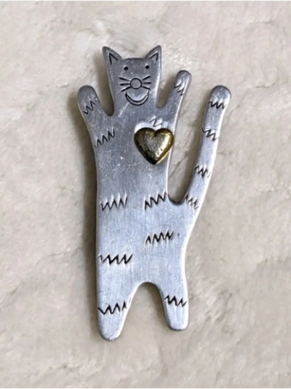 Silver Cat Charm Pin with Gold Heart Accent